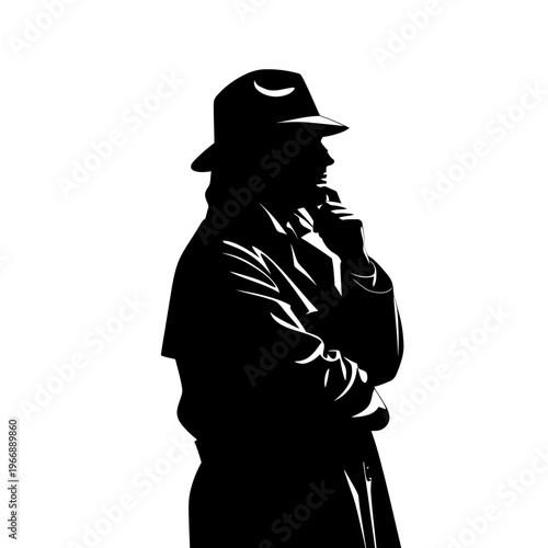 Silhouette of a mysterious man in a trench coat and hat.