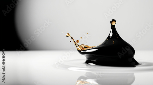 Black droplet impacts water surface, forming a crown-shaped splash with golden particles, against a minimal backdrop wit
