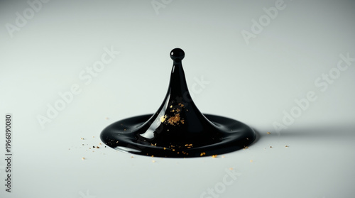 A droplet of black liquid splashes on a light gray background, forming a conical shape with smooth reflective surface an