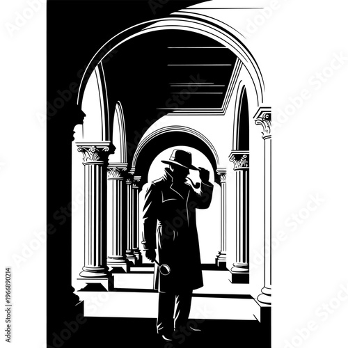 Silhouette of a Mysterious Man in Hat and Coat.