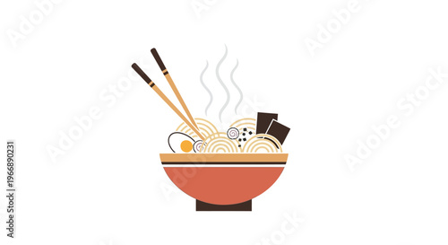 Minimalist Vector Illustration of Steaming Ramen Bowl with Chopsticks