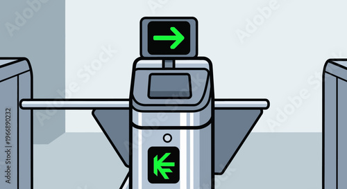 Modern Subway Turnstile Gate with Green Directional Arrow Sign
