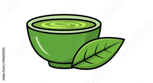 Illustration of a Bowl of Matcha Green Tea with a Fresh Leaf