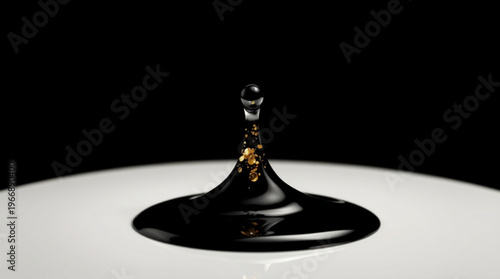 Black liquid splashes upwards forming a crown shape with a suspended droplet, golden particles shimmer inside, against a