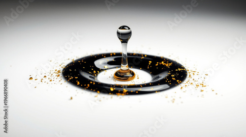 A liquid drop impacts the surface, forming a crown splash with a towering central column topped by a droplet, surrounded