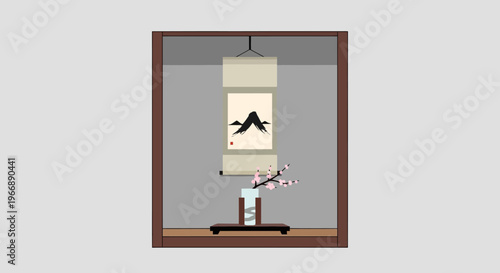 Minimalist Japanese Tokonoma Alcove with Hanging Scroll and Cherry Blossom Branch