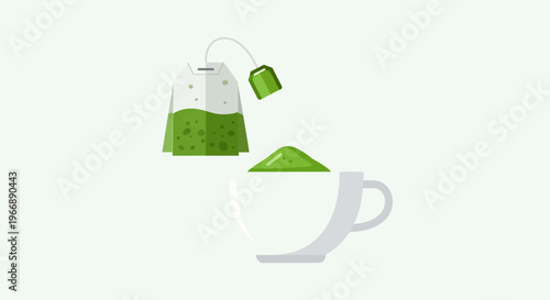 Flat Vector Illustration of Green Tea Bag and Cup with Matcha Powder