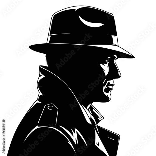 Silhouette of a Mysterious Man in Hat and Trench Coat.