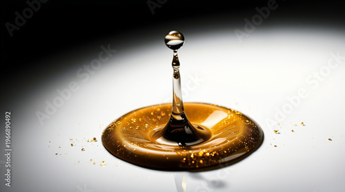 An amber liquid drop impacts the surface, creating a crown splash with suspended droplets, illuminated by radiant light
