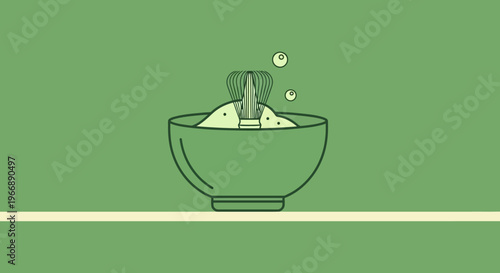 Minimalist Matcha Tea Preparation Illustration with Whisk and Bowl