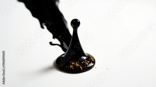 A black liquid splashes on white background forming sharp peaks with golden particles, irregular dark streams extend fro