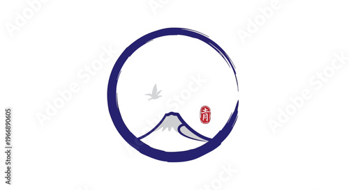 Minimalist Japanese Mt Fuji Logo with Enso Circle and Crane