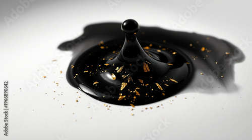 A black liquid splashes into a crown shape on white background with golden flecks floating on smooth glossy surface unde