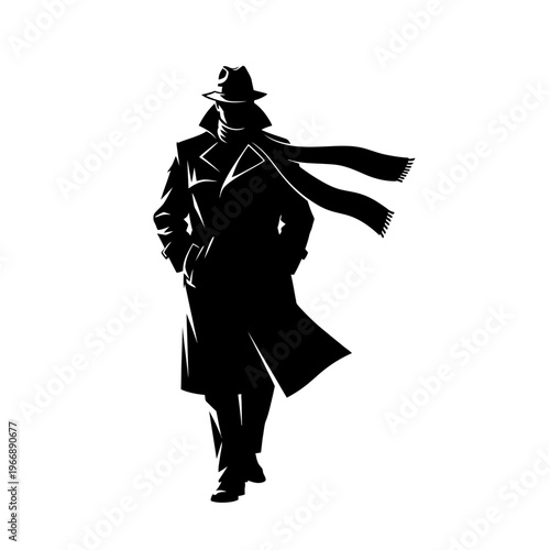 Silhouette of a Mysterious Man in Trench Coat and Hat.