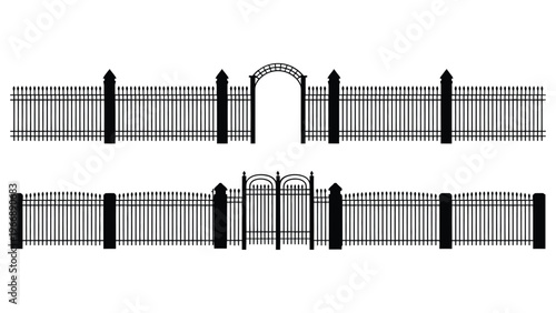 Black Wrought Iron Fence and Gate Silhouette Set with Metal Pickets and Decorative Finials Isolated on White Background