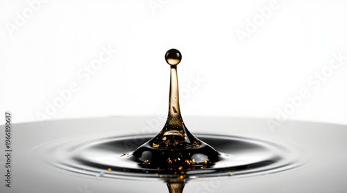 A dark liquid droplet impacts water, creating a crown-shaped splash with a hanging droplet, concentric ripples, and stro