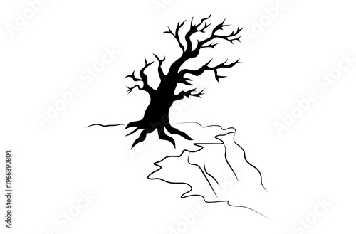 Lonely tree stands tall on barren, cracked earth. Branches stretch darkly against stark white sky. Roots grip soil, defiant despite drought. Silent, ancient, it endures harshness