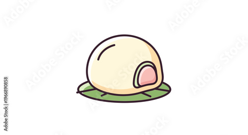 Cute Mochi Rice Cake Illustration on Green Leaf