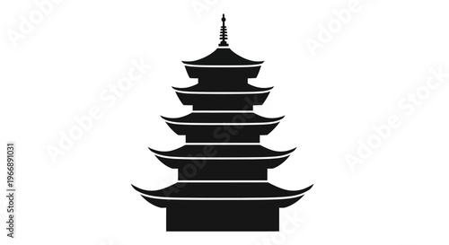 Black Silhouette of Traditional Japanese Five-Story Pagoda Icon