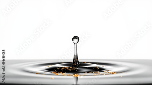 A water droplet impacts the surface, forming an umbrella shaped column with a crystal clear drop suspended atop, ripples