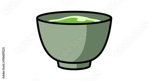 Cartoon Illustration of a Bowl Filled with Green Matcha Tea
