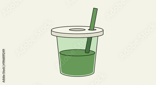 Minimalist Illustration of a Green Smoothie in a Plastic Cup with Straw