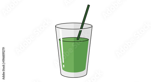 Minimalist Vector Illustration of a Glass of Refreshing Green Smoothie with a Straw
