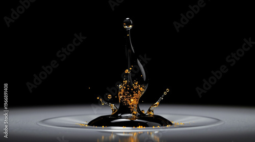 A golden liquid drop splashes into water, creating symmetrical ripples and tiny bubbles with dazzling light refraction a