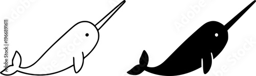 Narwhal vector icon illustration, outline and silhouette, for animal or wildlife design, transparent isolated background