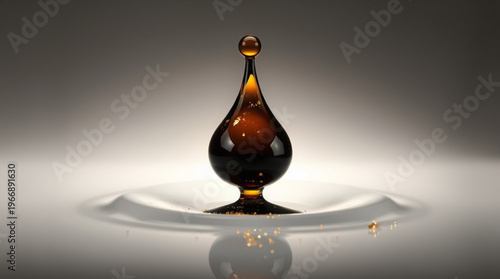 A suspended amber liquid droplet hovers above water, forming a teardrop shape with a crystal clear bead on top, ripples