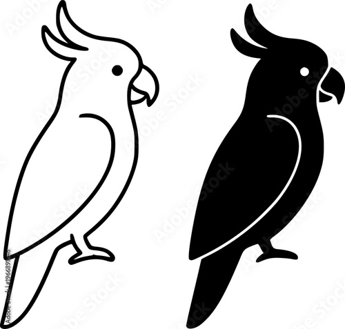 Cockatoo vector icon illustration, outline and silhouette, for animal or bird design, transparent isolated background