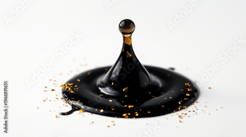 Black viscous liquid drips down forming crown shaped droplet with glossy surface, scattered gold foil specks on pure whi