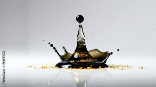 Black droplet creates a crown splash upon hitting the surface with a hanging water drop and golden particles scattered a