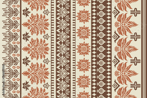 Seamless Ikat Border Pattern with Floral Damask and Geometric Stripes in Chocolate Brown and Beige for Traditional Ethnic Textile Hems, Bohemian Wall Decor, and Ornamental Fabric Design