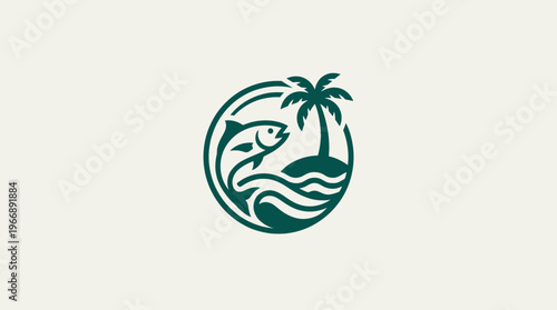 Minimalist Fishing Logo Design with Island and Palm Tree