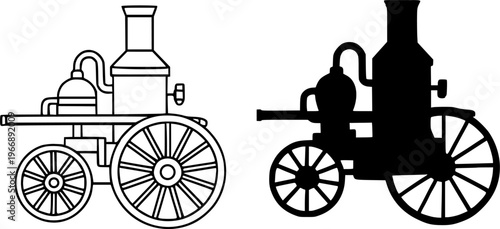 Steam fire engine vector icon illustration, in outline and silhouette design, transparent isolated background