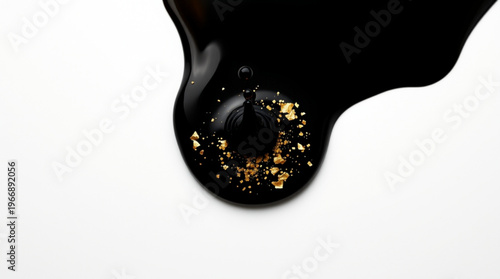 Black viscous liquid splashes on a white background, forming a droplet shaped depression in the center, surrounded by sc