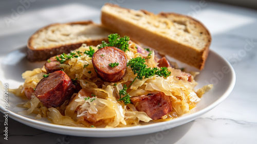 A plate of food with sausage and onions on top of cabbage