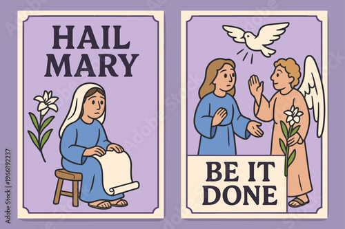 Annunciation Banners. Annunciation. Two vertical A6 banners with safe margins, centered composition, no elements touching edges, cartoon, lavender and cream,