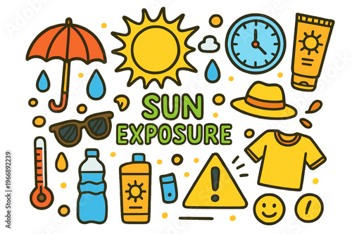 Sun Safety Doodles. Sun Exposure. Colorful Hand-drawn doodle Children illustration Sun Exposure bright sun, skin, clock, sunscreen, umbrella, sunglasses, hat,