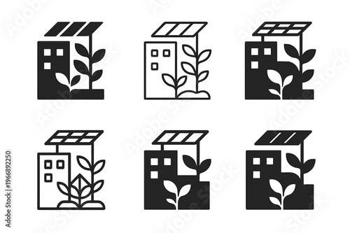 Urban Living Icons. Innovative solutions for urban living. Icon set. Set Logo of innovative solutions for urban living: rooftop urban farm with solar pergola.
