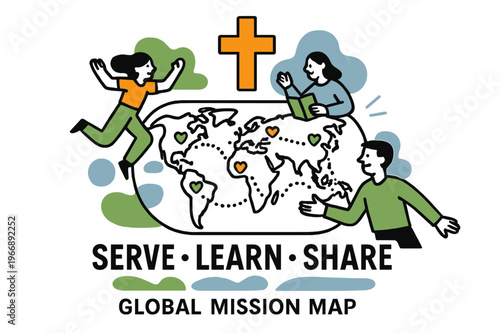 Global Mission Map. Global Mission Map. A gentle cross icon sits above a world map with dotted flight paths; small hearts mark partner communities. Text reads
