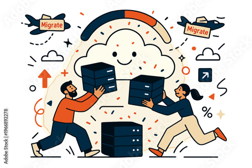 Joyful Cloud Migration. Cloud migration. Engineers lift server boxes into a smiling cloud; tiny planes carry files with ?Migrate? tags. A progress bar arcs