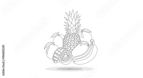 Minimalist continuous line art vector illustration of a tropical fruit composition with pineapple