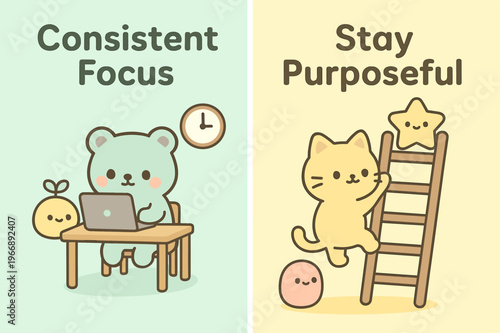 Kawaii Motivational Banners. Consistent focus. Two vertical A6 banners with safe margins, centered composition, no elements touching edges, kawaii, pastel mint