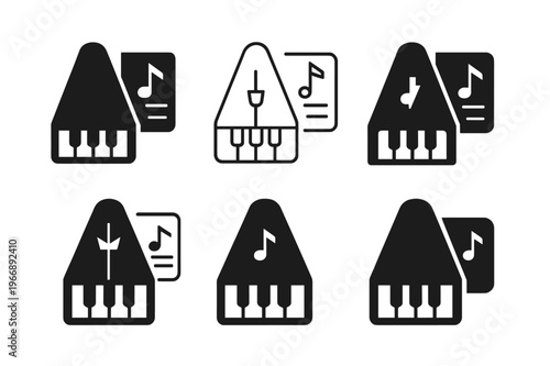 Piano Music Icon Set. Piano and sheet music. Icon set. Set Logo of Piano and sheet music: metronome pyramid. harmonious logo variations of the same emblematic