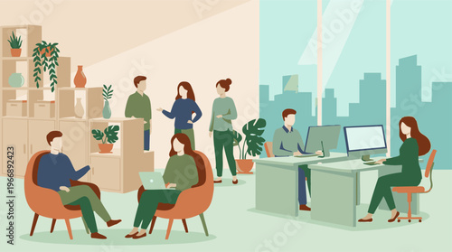 Diverse business team working and collaborating in a modern office environment
