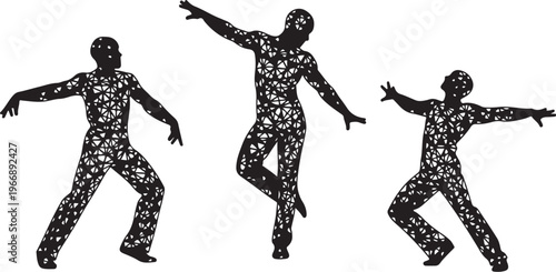 Dancing figures in black and white pixelated illustration style