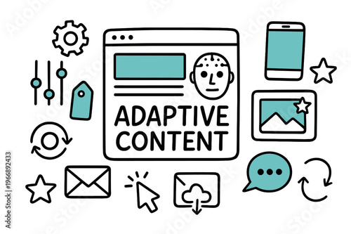 Adaptive Content Icons. // Adaptive content. Hand-drawn doodle illustration Adaptive content [browser window (accented), sliders (accented), gear, AI face,