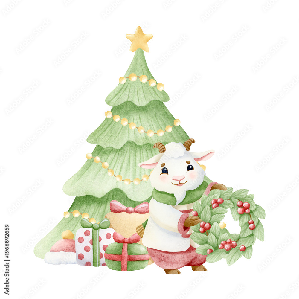 Fototapeta premium Cartoon fairy goat in winter coat with wreath and presents near decorated Christmas tree watercolor illustration in traditional red green. Funny smiling character for Happy New Year greeting cards